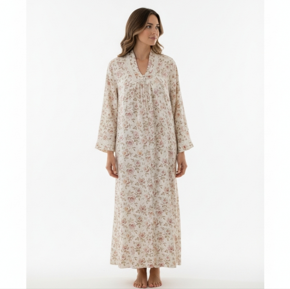 Vintage Christian Dior Long Night Gown Satin Robe Grandma Style Floral Size L